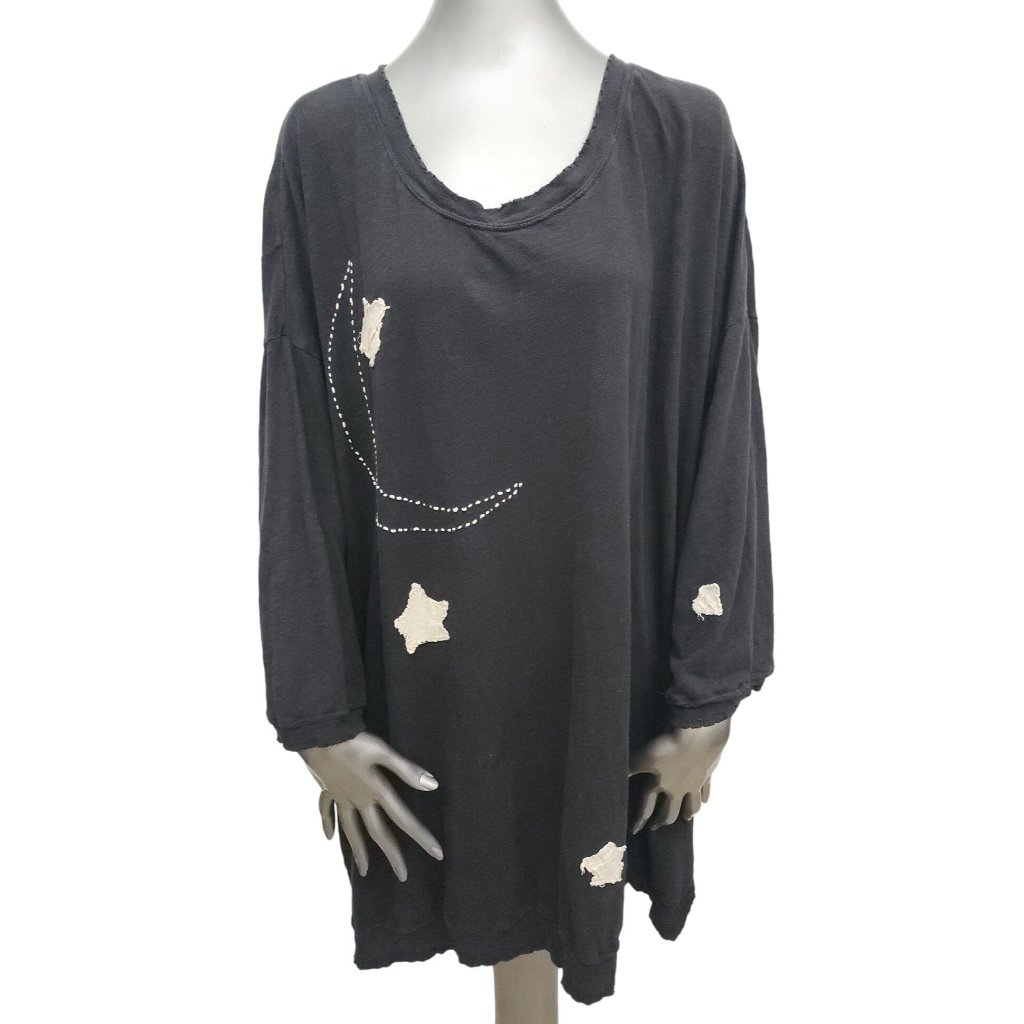 Magnolia Pearl Applique Shirt Top Black Tunic Moon Stars Os